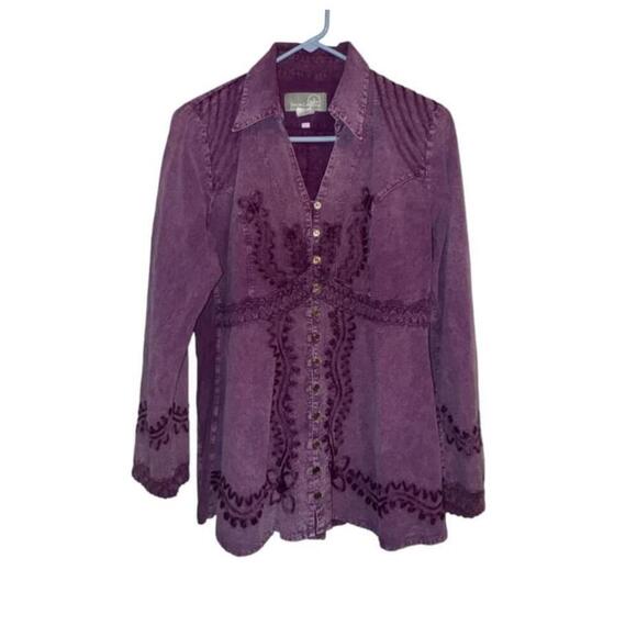 Inca Cottons Artsy Shirt Purple Embroidered Button Up Layering Fall Lacey Size L - Picture 1 of 8